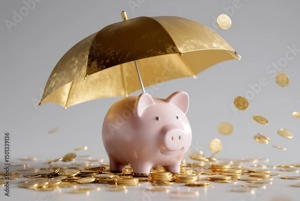 Obraz Realistic Piggy Bank Under Shiny Gold Umbrella with Falling Coins, Financial Protection and Investment Safety Concept, Neutral Background, Wealth Security, Savings and Finance Symbol