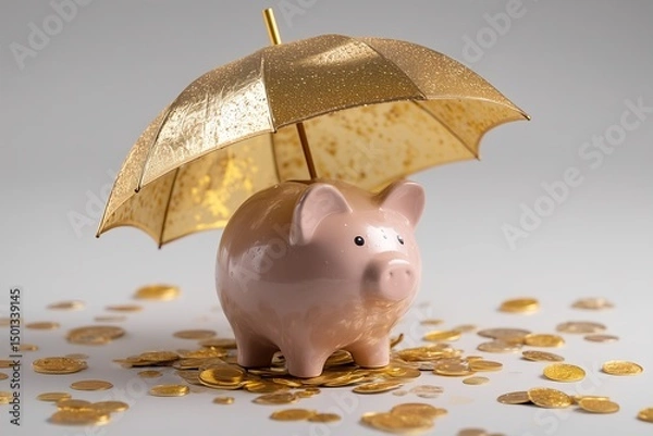 Obraz Realistic Piggy Bank Under Shiny Gold Umbrella with Falling Coins, Financial Protection and Investment Safety Concept, Neutral Background, Wealth Security, Savings and Finance Symbol