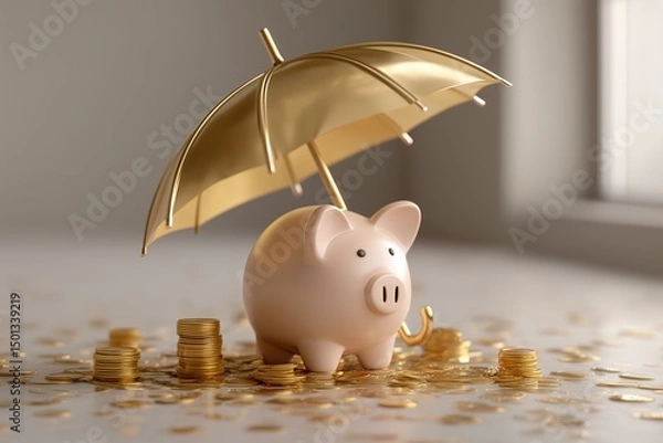 Obraz Piggy Bank Protected by Gold Umbrella with Falling Coins, Financial Planning and Insurance Concept, Neutral Tones, Sharp Realism, Savings Security, Investment Protection, Wealth Management