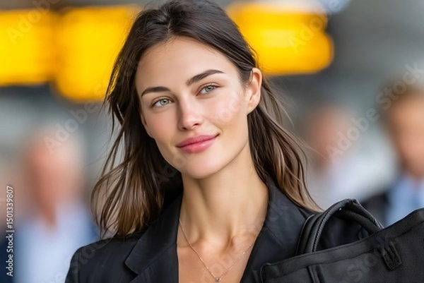 Obraz Confident Woman in Business Attire Passing Digital Stock Ticker on Wall Street with Laptop Bag, Crowd of Professionals, Dynamic Movement, Financial District, Business Technology, Urban Career Scene