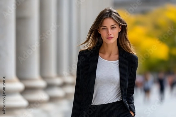 Obraz Woman Walking Near Stock Exchange Marble Columns in Neutral Business Suit with Clear Authority, Historic Financial District, Urban Business Scene, Corporate Confidence, City Architecture
