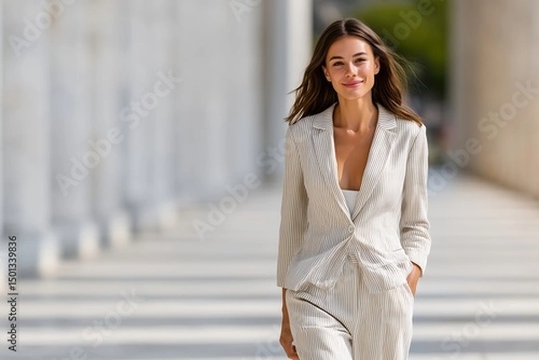 Obraz Woman Walking Near Stock Exchange Marble Columns in Neutral Business Suit with Clear Authority, Historic Financial District, Urban Business Scene, Corporate Confidence, City Architecture