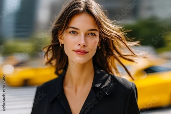 Obraz Young Professional Woman Walking Through NYC Financial District with Blurred Cabs and Pedestrians, Skyscrapers Forming Geometric Background, Business Elegance, Urban Business Scene, City Life