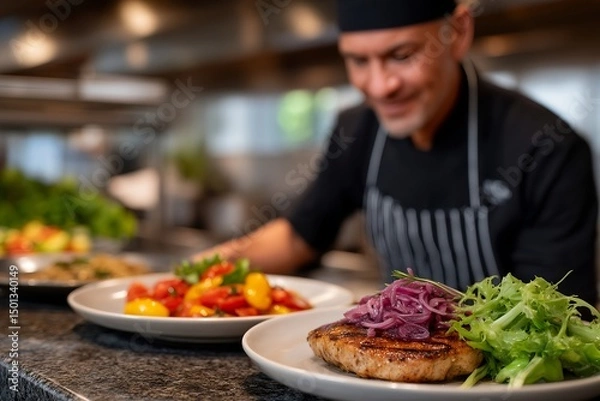 Obraz Bustling Restaurant Kitchen with Multiple Food Prep Stations, Chefs Working in Harmony, Kitchen Porter Stacking Plates, High-End Equipment, Focused Culinary Team, Professional Cooking Environment