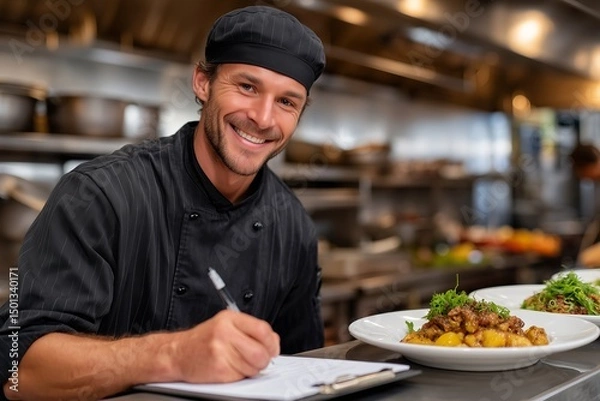 Obraz Chef Calling Out Orders with Clipboard, Food Runners Grabbing Plated Meals, Kitchen Heat Lamps Glowing, Steel Counters Shining, Rush Atmosphere in Busy Restaurant Kitchen, Culinary Teamwork
