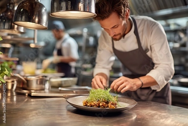 Obraz Chef Carefully Placing Herbs on Plated Entrée with Kitchen Porter Working Behind, Gleaming Metal Surfaces and Hanging Utensils, Vibrant Culinary Environment, Professional Kitchen, Food Preparation