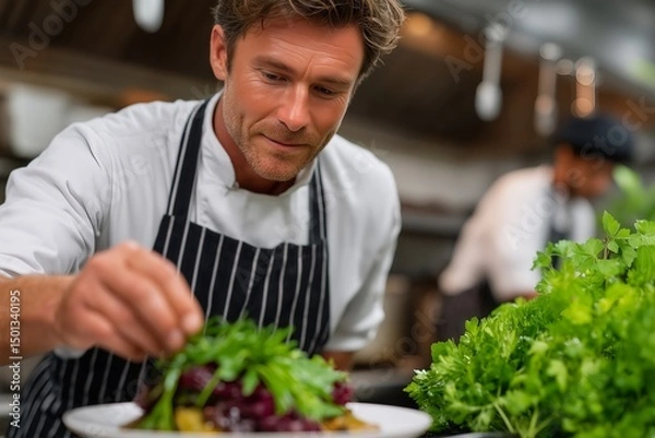 Obraz Chef Carefully Placing Herbs on Plated Entrée with Kitchen Porter Working Behind, Gleaming Metal Surfaces and Hanging Utensils, Vibrant Culinary Environment, Professional Kitchen, Food Preparation