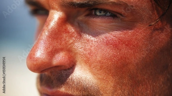 Fototapeta Man with irritated red skin after sun tanning, showing visible sunburn and skin damage. Concept of UV overexposure, sensitive skin, and health risk under strong sunlight