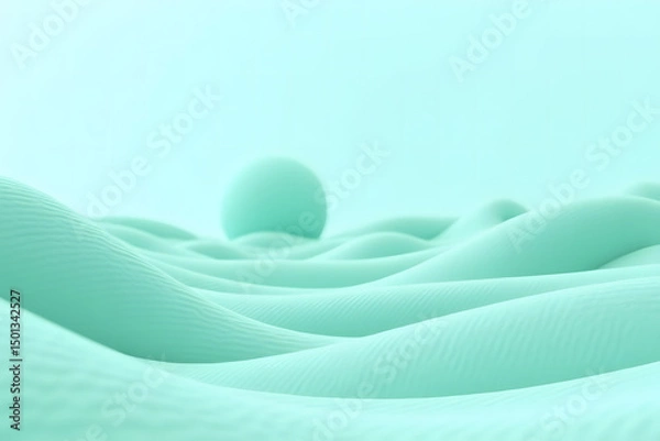 Fototapeta A digital abstract artwork in turquoise and mint green, featuring wave-like forms, soft gradients, and flowing lines, evoking a sense of tranquility and otherworldliness.
