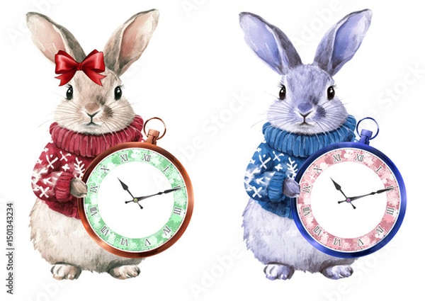 Fototapeta 小さな時計を持った兎