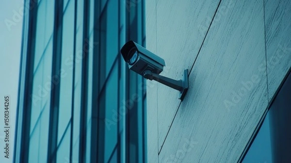 Fototapeta Wall-mounted CCTV on a modern office building, minimal architecture, clear weather