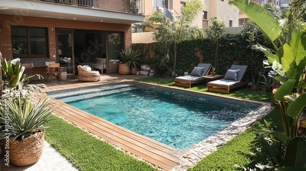 Obraz A small, modern pool surrounded by tropical landscaping.