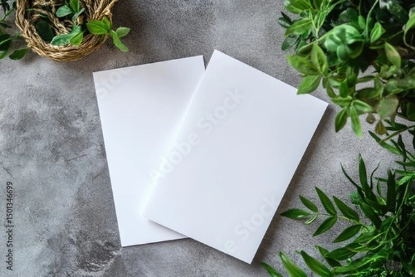 Fototapeta Blank, white papers, surrounded by greenery, on a textured gray surface.  Two sheets of pristine white paper rest on a mottled gray stone surface