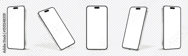 Obraz Mobile phone mockups, set of phones in different angles isolated on transparent background