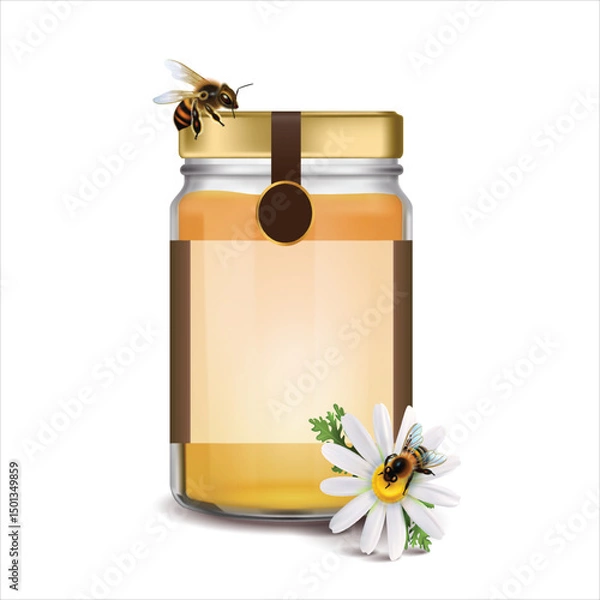 Obraz Realistic illustration of glass jar containing sweet honey isolated on white background