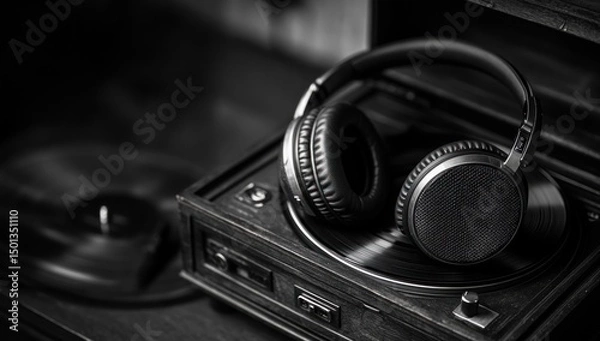 Obraz Headphones on Vinyl Record Player: A Monochrome Symphony of Nostalgia
