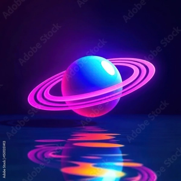 Obraz 3D rendered planet with rings, vibrant neon colors, reflected on water