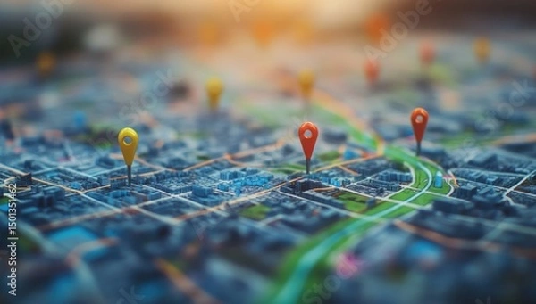 Obraz City Navigation: GPS Location Pins on a Detailed Urban Map