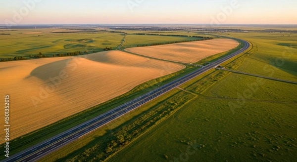 Fototapeta Highway Through Golden Fields - Aerial View