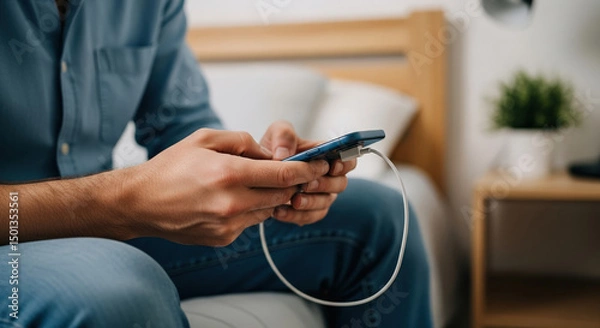 Fototapeta Person Using Smartphone While Charging