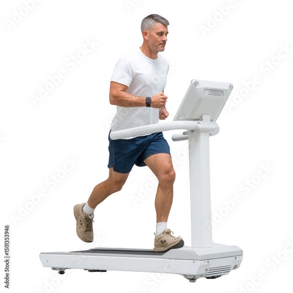 Fototapeta A man jogging on a treadmill, showcasing fitness and healthy lifestyle. The image features a clear white background for versatility in various designs.