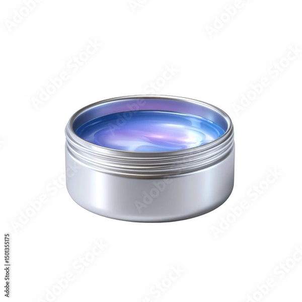 Fototapeta A round, metallic container filled with colorful, swirling gel. The container has a sleek design, perfect for cosmetics or craft projects.
