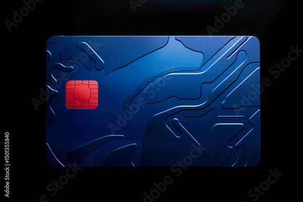 Fototapeta Elegant blue credit card featuring a red chip on a dark background. Metallic payment method with abstract design.
