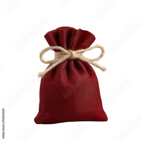 Obraz A small red fabric bag tied with twine on a white isolated background, perfect for gifting or decorative purposes.