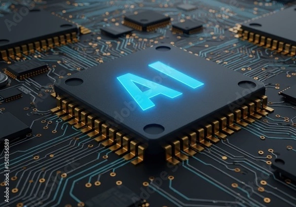 Fototapeta Close-up of ai chip on circuit board with glowing blue letters, technology concept