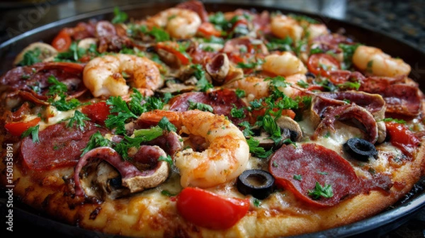 Fototapeta Appetizing pizza set isolated on white. Vector cartoon illustration of homemade or restaurant baked traditional Italian food, dough base with sauce, cheese, tomato, pepper, mushrooms, salami, seafood