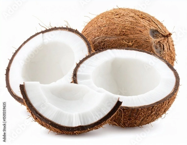 Fototapeta Whole and half coconut and slices isolated white 