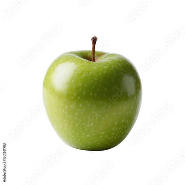 Fototapeta Fresh green apple on a white isolated background, showcasing its shiny skin and distinct stem, ideal for health and nutrition themes.