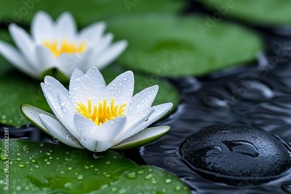 Obraz A white water lilies, dark wet stones. Generative AI