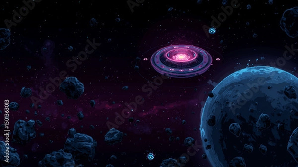 Fototapeta Space game ui level map with planet vector galaxy background. Alien ufo for 2d arcade mobile videogame flying near asteroid in cosmos for high score. Childish adventure app route landscape design