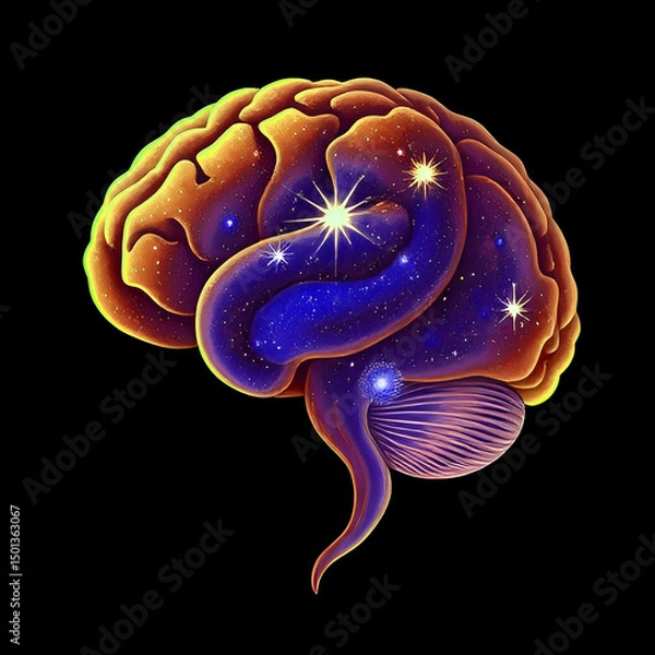 Fototapeta Surreal abstract illustration of a human brain filled with glowing stars and cosmic elements on a black background. Represents imagination, intelligence, creativity, and the universe of the mind