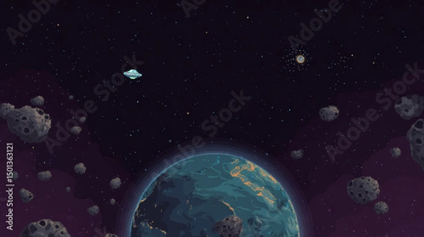 Obraz Space game ui level map with planet vector galaxy background. Alien ufo for 2d arcade mobile videogame flying near asteroid in cosmos for high score. Childish adventure app route landscape design