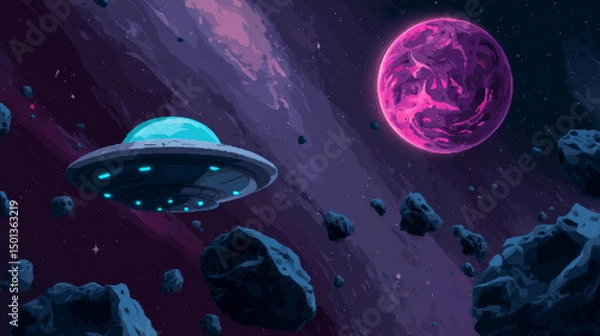 Fototapeta Space game ui level map with planet vector galaxy background. Alien ufo for 2d arcade mobile videogame flying near asteroid in cosmos for high score. Childish adventure app route landscape design