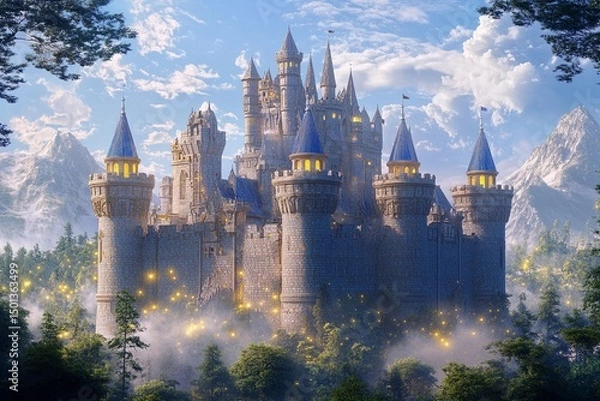Fototapeta Castle with brightly shining walls stands cheerfully against a backdrop of majestic mountains and clear blue skies