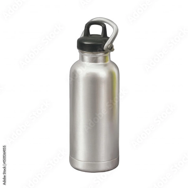 Obraz Stainless steel water bottle with a sleek design and a secure cap, perfect for outdoor activities or daily hydration on the go, isolated on a white background.