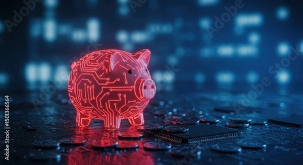 Fototapeta Piggy bank with circuit design on a wet surface with coins and a microchip