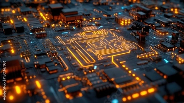 Obraz D futuristic rendering of an AI processor chip, glowing digital circuits projected as a hologram, cyber-tech evolution concept