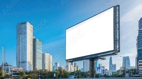Fototapeta D visualization of an empty street billboard in Bangkok's city center, large advertising space for marketing mockups, surrounding modern architecture