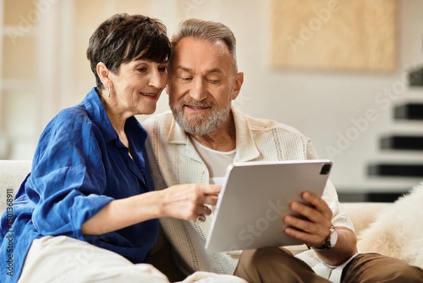 Fototapeta Middle aged couple sharing laughter while using a tablet at home in cozy living room