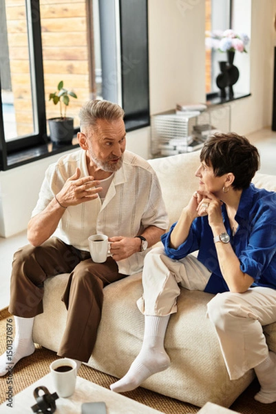 Fototapeta Happy couple enjoys cozy conversations at home during a sunny afternoon