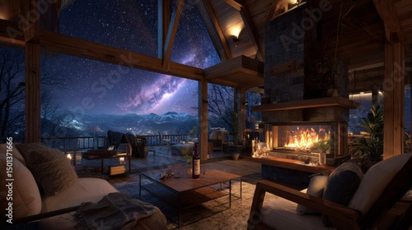Fototapeta Wooden chalet interior with fireplace at night. Vector cartoon illustration of warm living room, vintage armchairs and couch near fire, wine bottle on table, mountain forest and starry sky in window