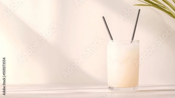 Obraz Creamy Refreshing Beverage in Glass with Straws, Summer Drink Concept