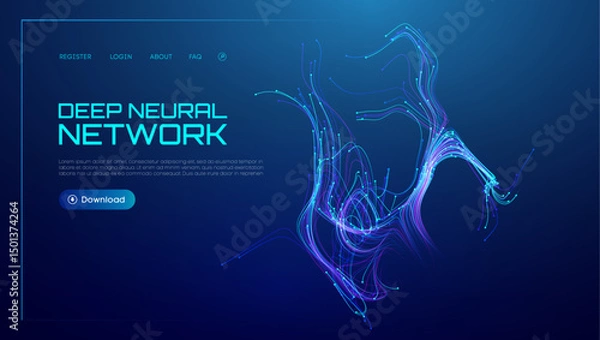 Obraz Neural network background with AI data in abstract wave lines. Tech blue science with artificial flow and digital light vector. Future graphic technology pattern in 3D concept with green energy.
