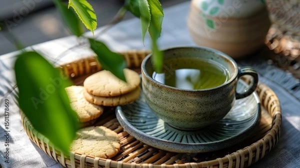 Fototapeta A cup of green tea with cookies on a rustic tray.  Relaxing afternoon tea break concept.