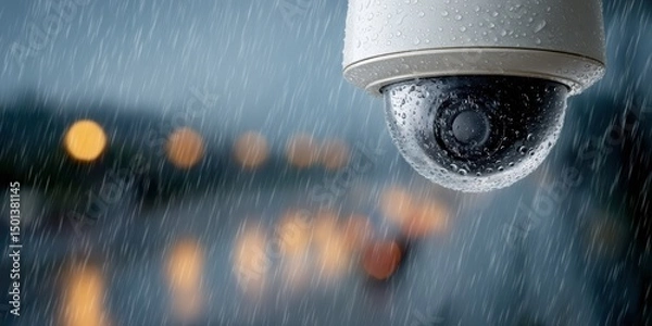 Fototapeta A security camera in heavy rain, with water droplets on its dome and blurred city lights in the background.