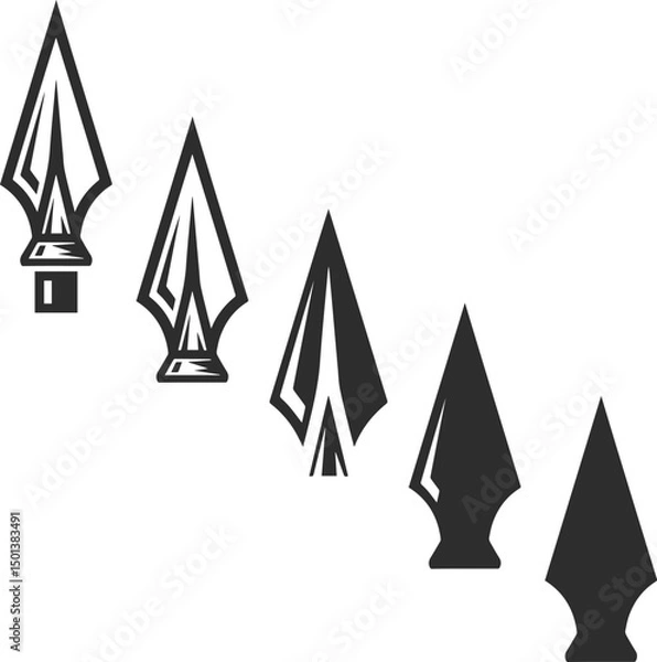 Fototapeta Set of spearhead, warrior spear in different variations, spearhead icons or warrior pikes in black.